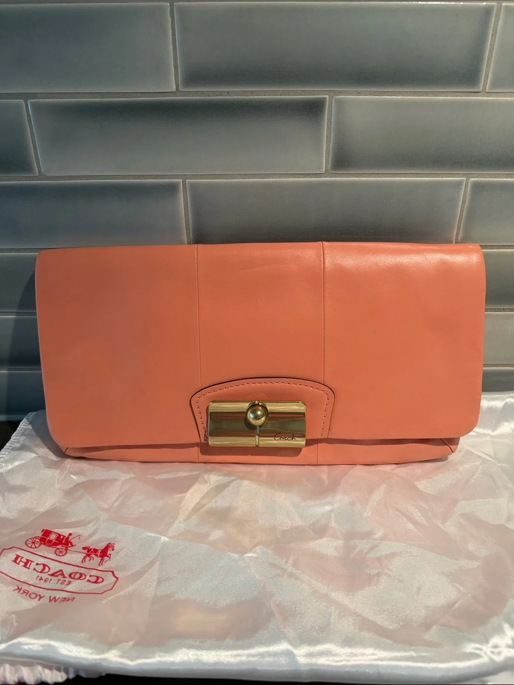 Coach Coral Pink Leather Clutch with Gold Turnlock